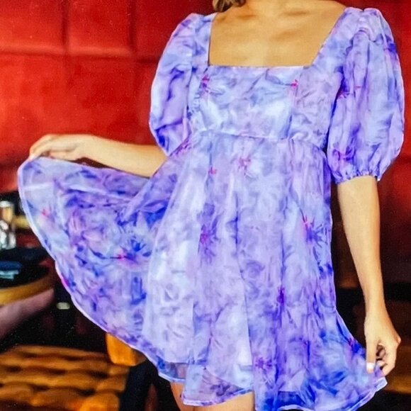 XS Buddy Love Lyla Organza Puffed Babydoll Dress In Ripple Purple - Picture 1 of 4